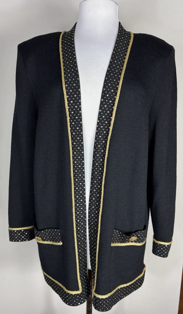 St John Sportswear Marie Gray Black Gold Studded Knit Sweater Size Medium